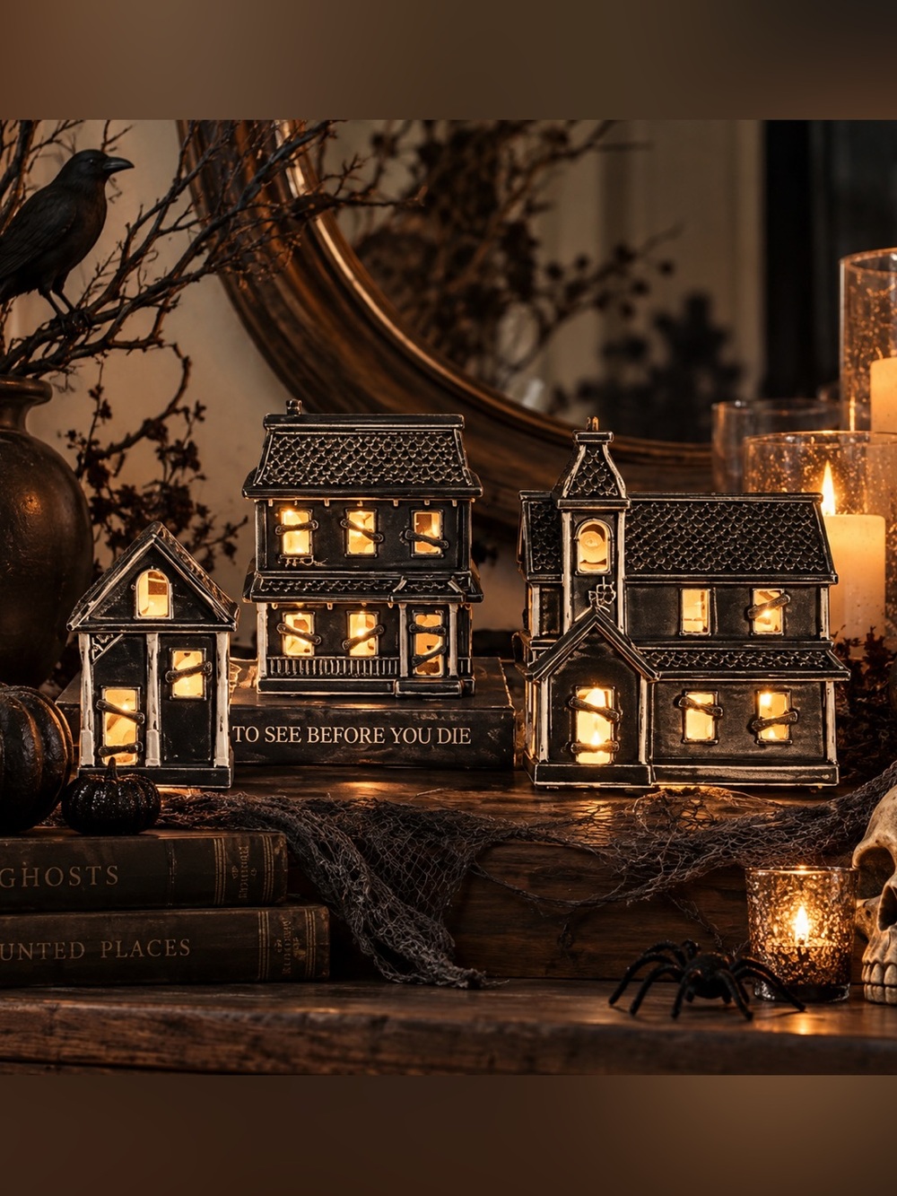 Pottery Barn Black & White Haunted House Village Trio